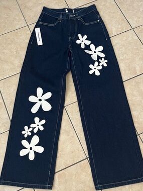 NWT Princess Polly Daisy Wide Leg Dark Blue Jean Floral High Rise Size 4